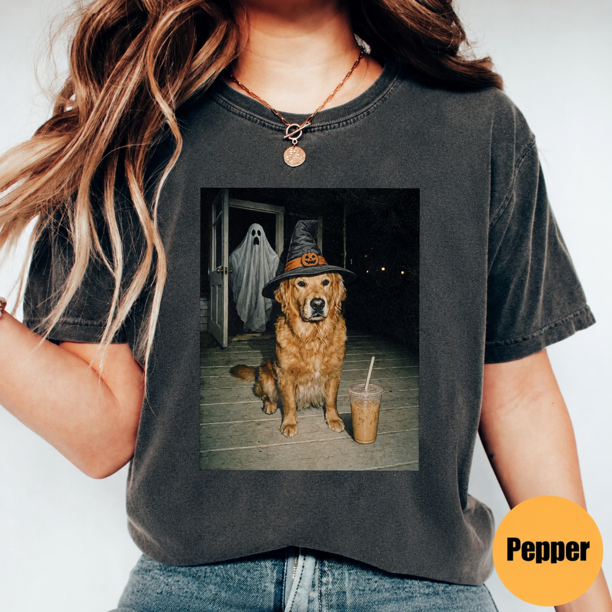 Personalized Golden Retriever Halloween shirt in Pepper with ghost porch dog graphic