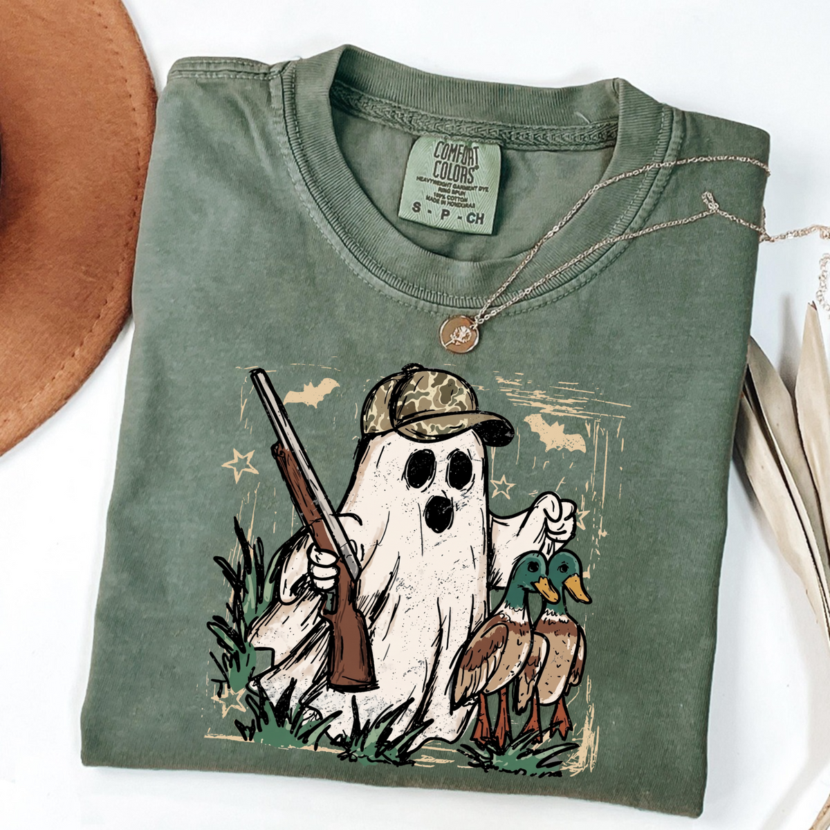 Duck Hunting Ghost Halloween shirt with camo hunter and two mallard ducks