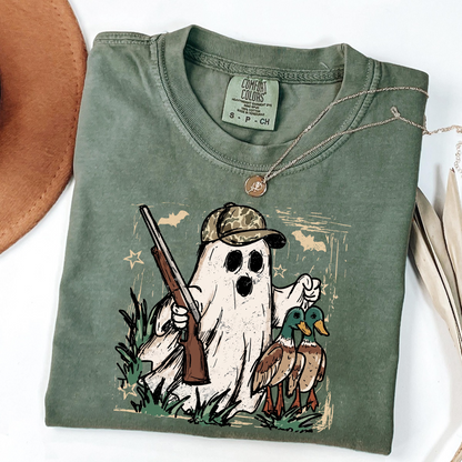 Duck Hunting Ghost Halloween shirt with camo hunter and two mallard ducks