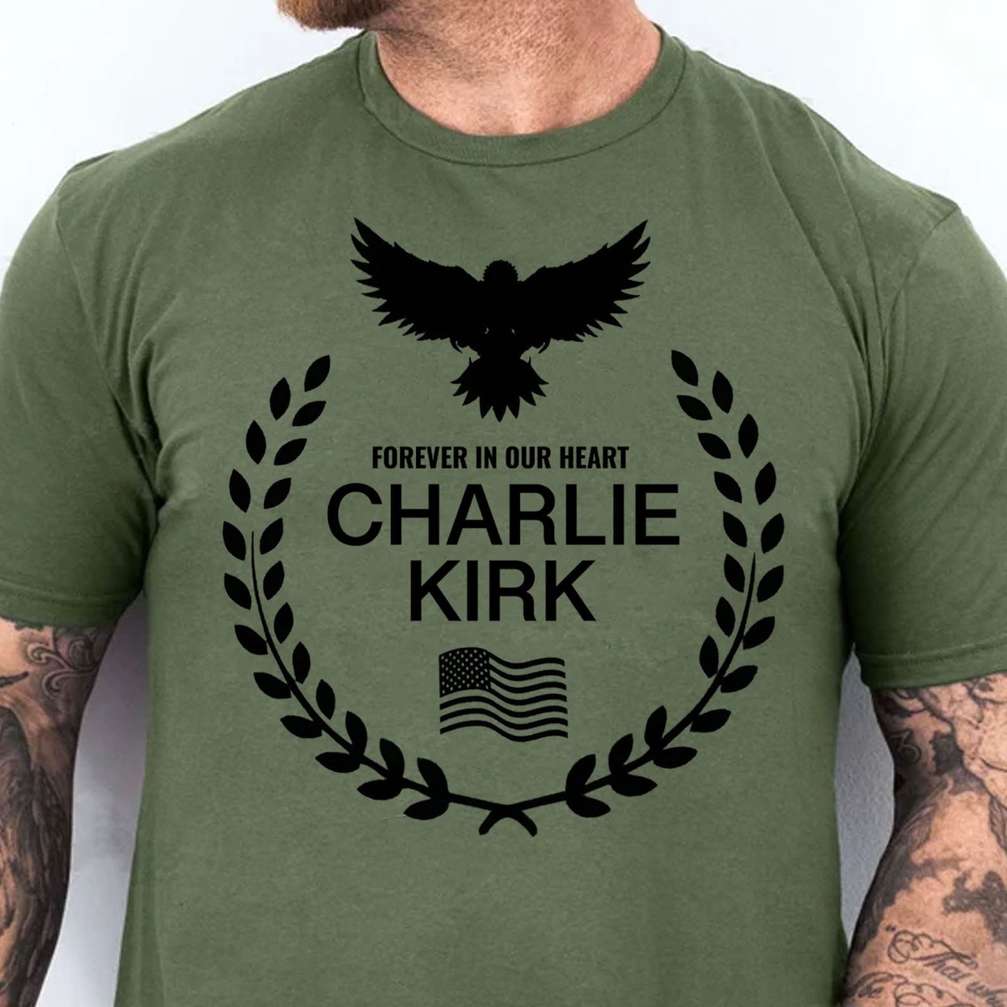 Charlie Kirk Memorial Tee – Patriotic Eagle Wreath “Forever in Our Hearts” T-Shirt, Conservative Tribute Gift, Justice for Charlie Kirk 682827
