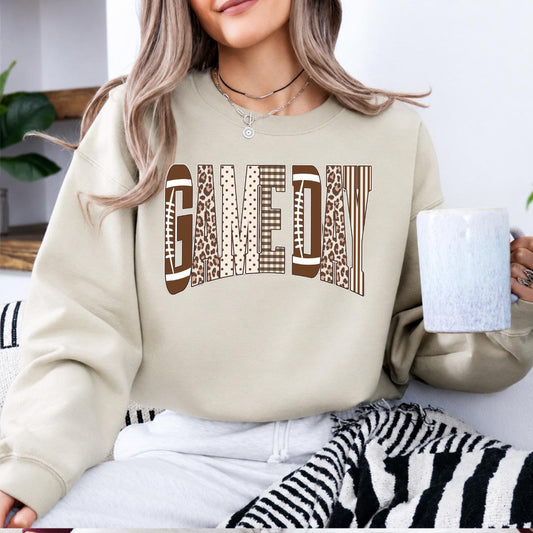 Game Day football sweatshirt with leopard plaid and football graphic lettering