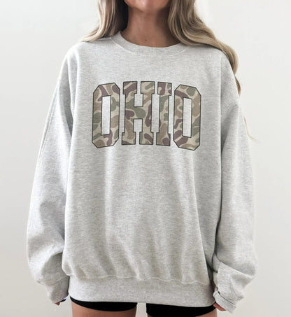 Camo State College sweatshirt with duck camo varsity lettering