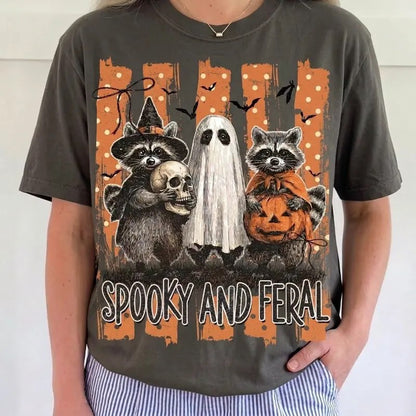 Spooky and Feral Halloween shirt with raccoons ghost skull and pumpkin graphic