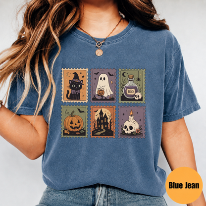 Cute Halloween Stamp Shirt – Ghost Pumpkin Witch Cat Graphic Tee