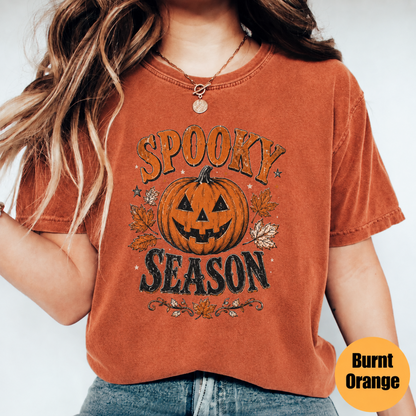 Spooky Season pumpkin Halloween shirt in Burnt Orange with vintage jack-o-lantern graphic