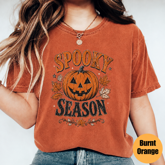 Spooky Season pumpkin Halloween shirt in Burnt Orange with vintage jack-o-lantern graphic