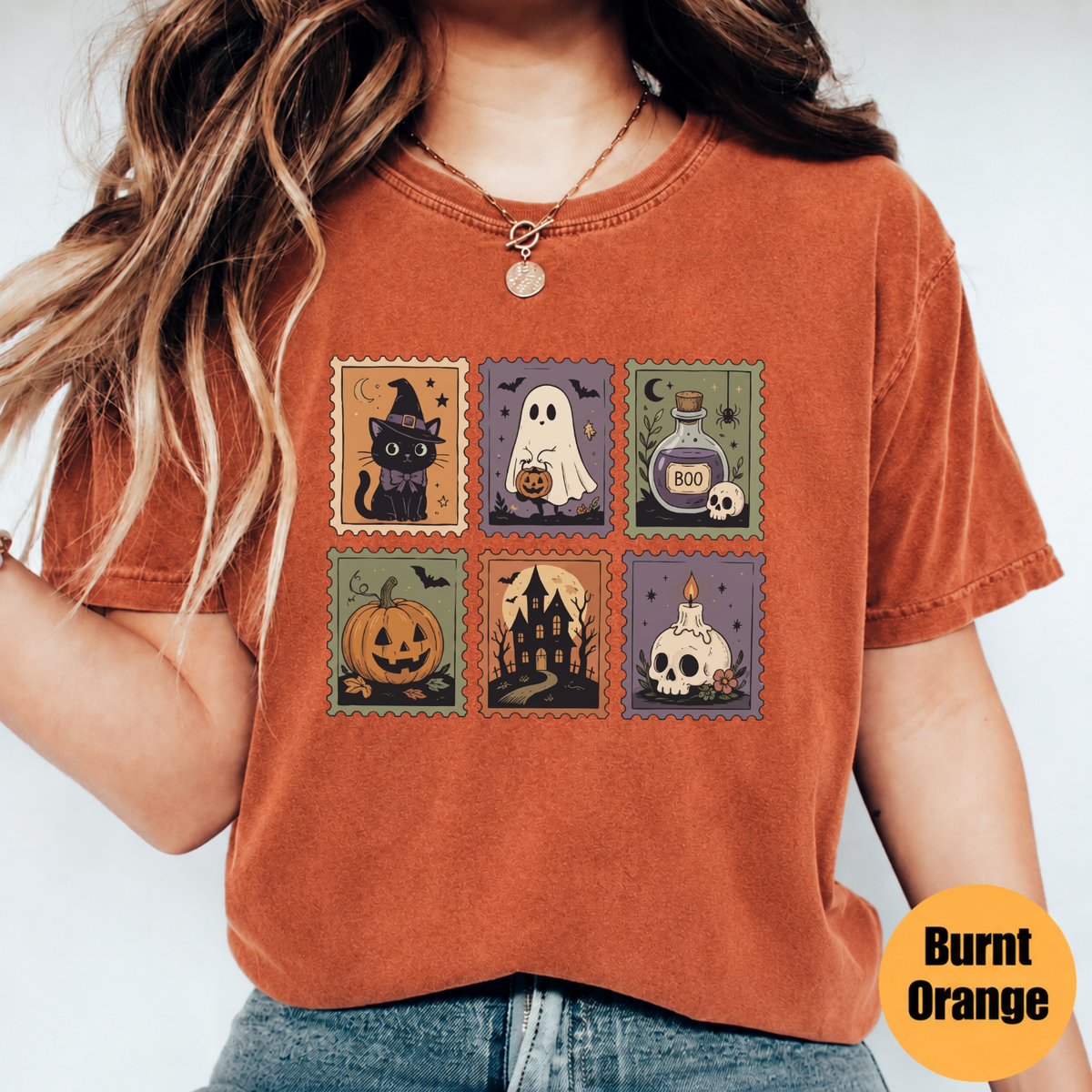 Cute Halloween Stamp Shirt – Ghost Pumpkin Witch Cat Graphic Tee