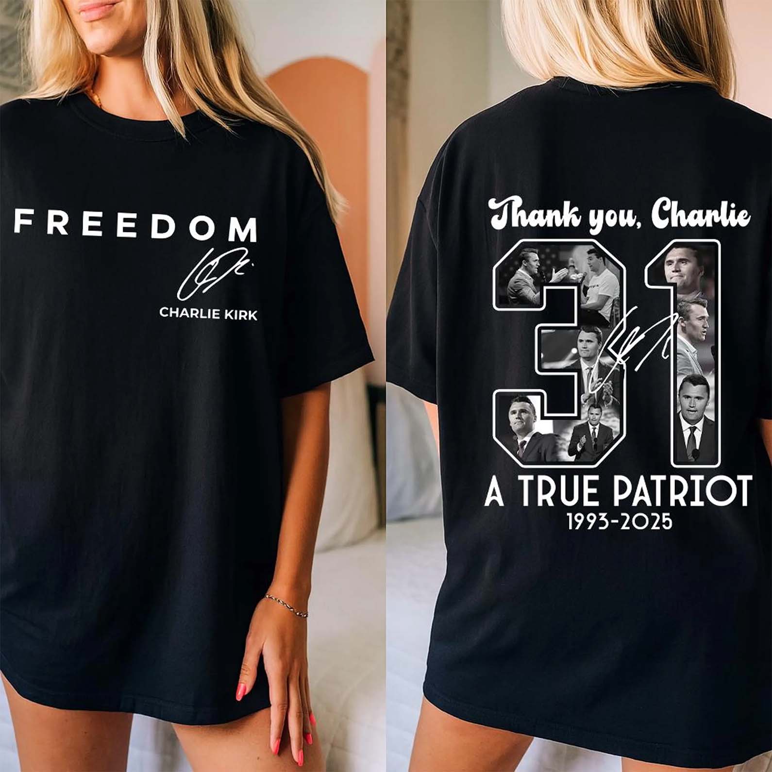 Red Charlie Kirk FREEDOM Shirt | Thank You Charlie 31 True Patriot 1993-2025 Red Shirt | Red Front & Back Shirt 683076