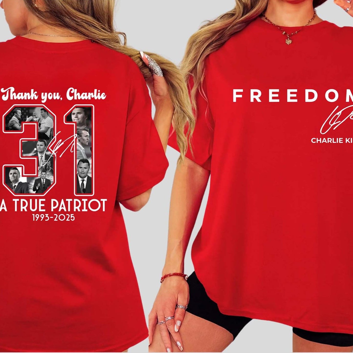 Red Charlie Kirk FREEDOM Shirt | Thank You Charlie 31 True Patriot 1993-2025 Red Shirt | Red Front & Back Shirt 683076