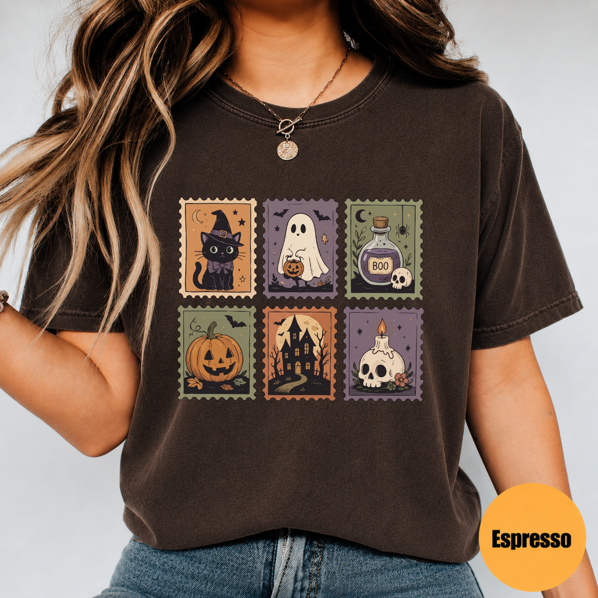 Cute Halloween Stamp Shirt – Ghost Pumpkin Witch Cat Graphic Tee