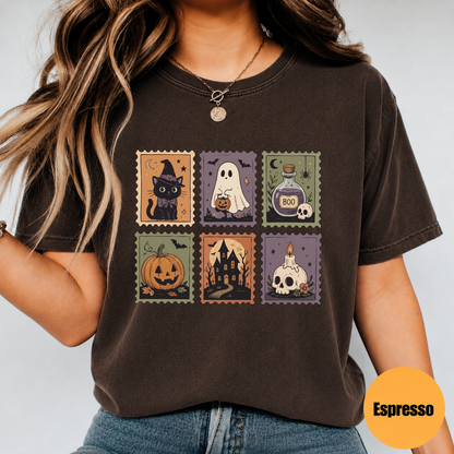 Cute Halloween Stamp Shirt – Ghost Pumpkin Witch Cat Graphic Tee