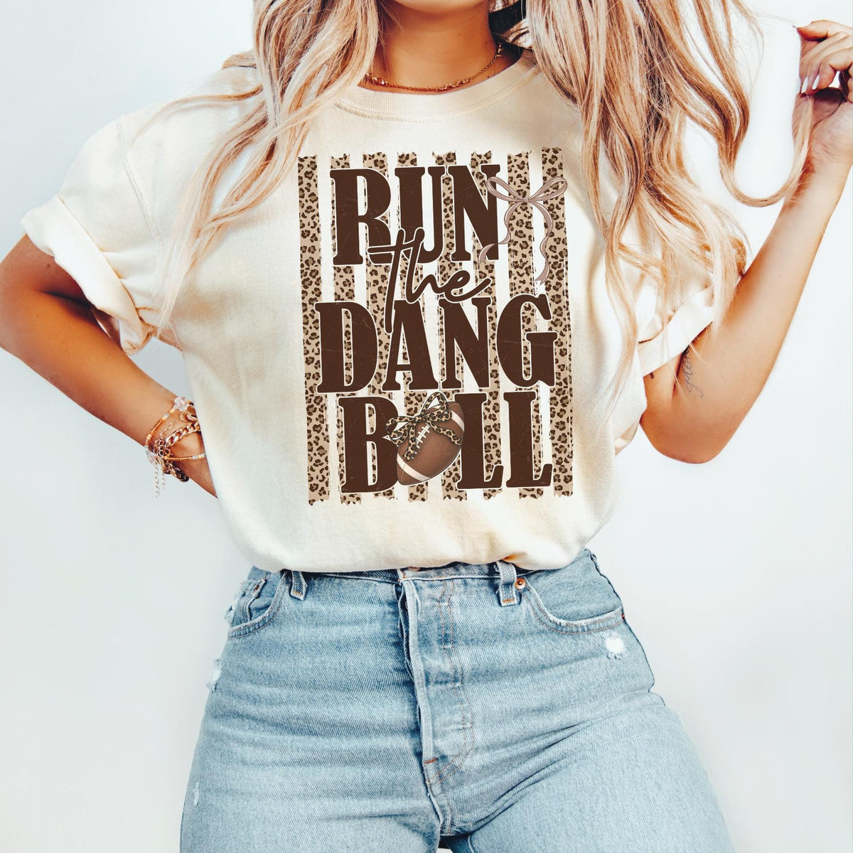 Run The Dang Ball football shirt with leopard print game day design