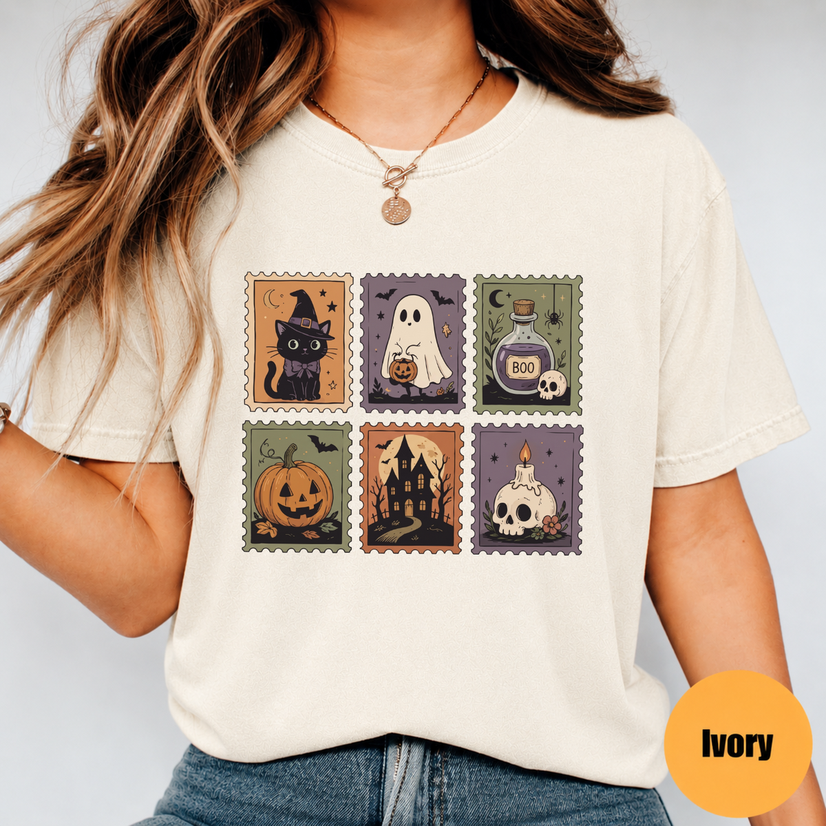 Cute Halloween Stamp Shirt – Ghost Pumpkin Witch Cat Graphic Tee