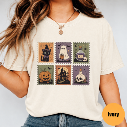Cute Halloween Stamp Shirt – Ghost Pumpkin Witch Cat Graphic Tee