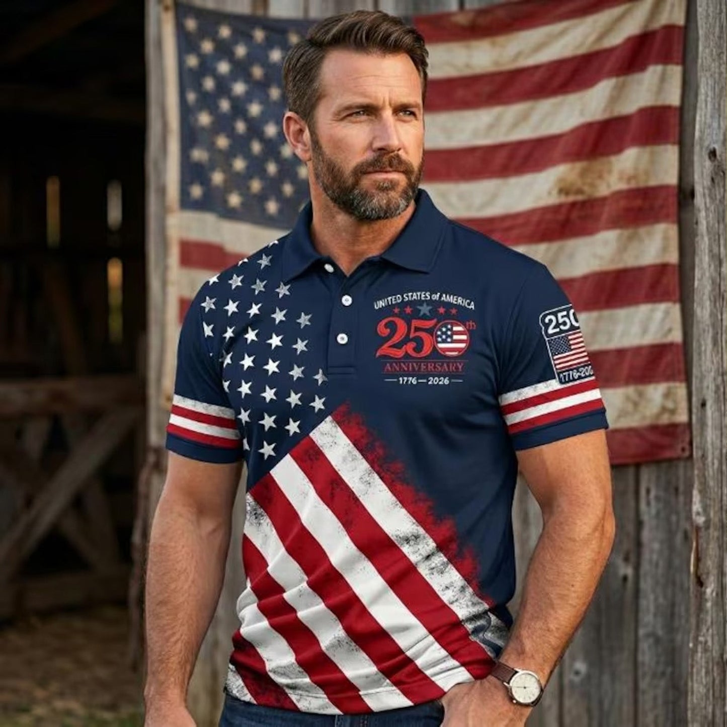 250 Years Patriotic Golf Polo Shirt, USA Flag AOP Polo for Men, 4th of July Independence Day Shirt 685119