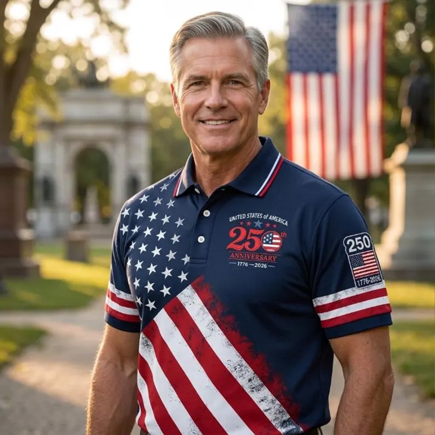 250 Years Patriotic Golf Polo Shirt, USA Flag AOP Polo for Men, 4th of July Independence Day Shirt 685119