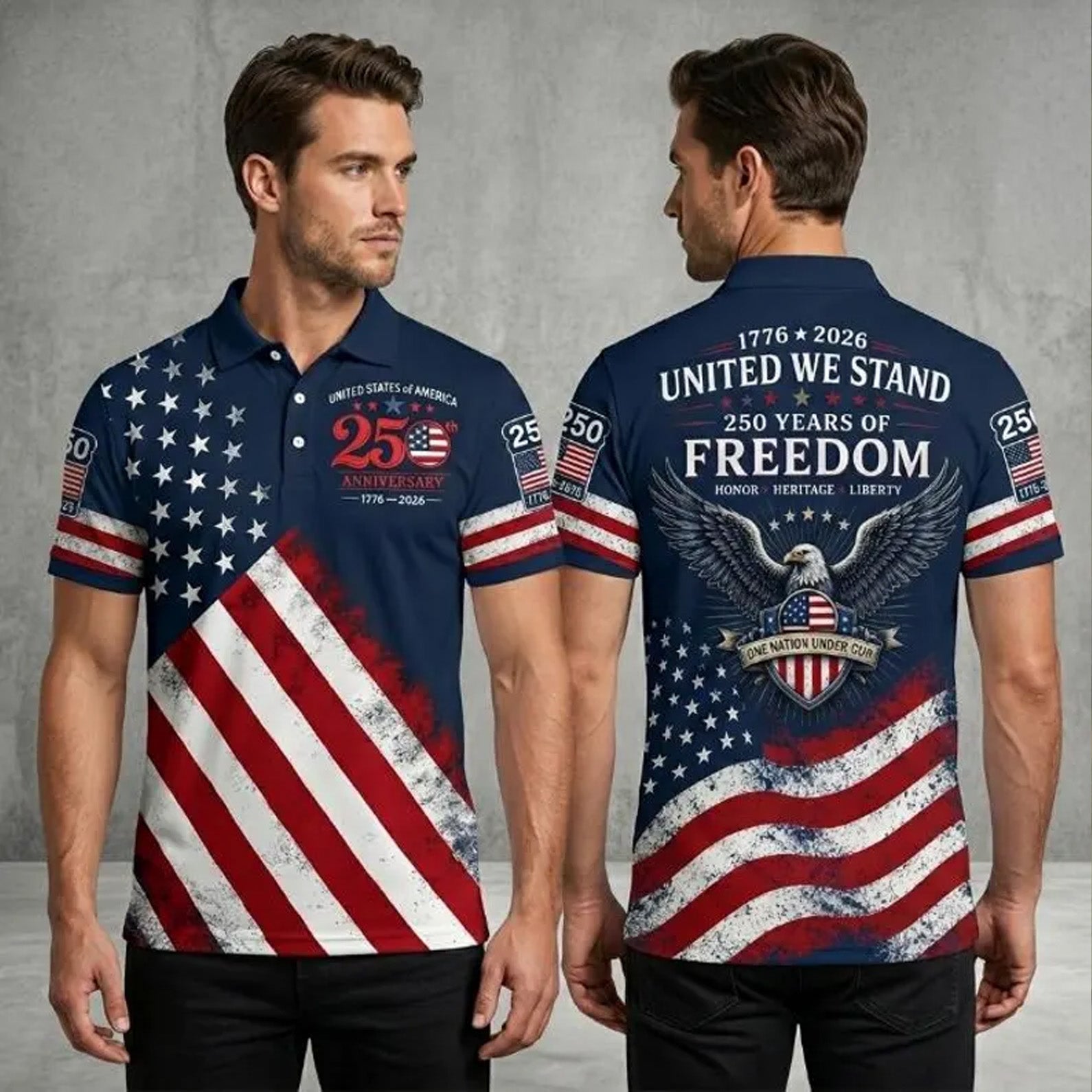 250 Years Patriotic Golf Polo Shirt, USA Flag AOP Polo for Men, 4th of July Independence Day Shirt 685119