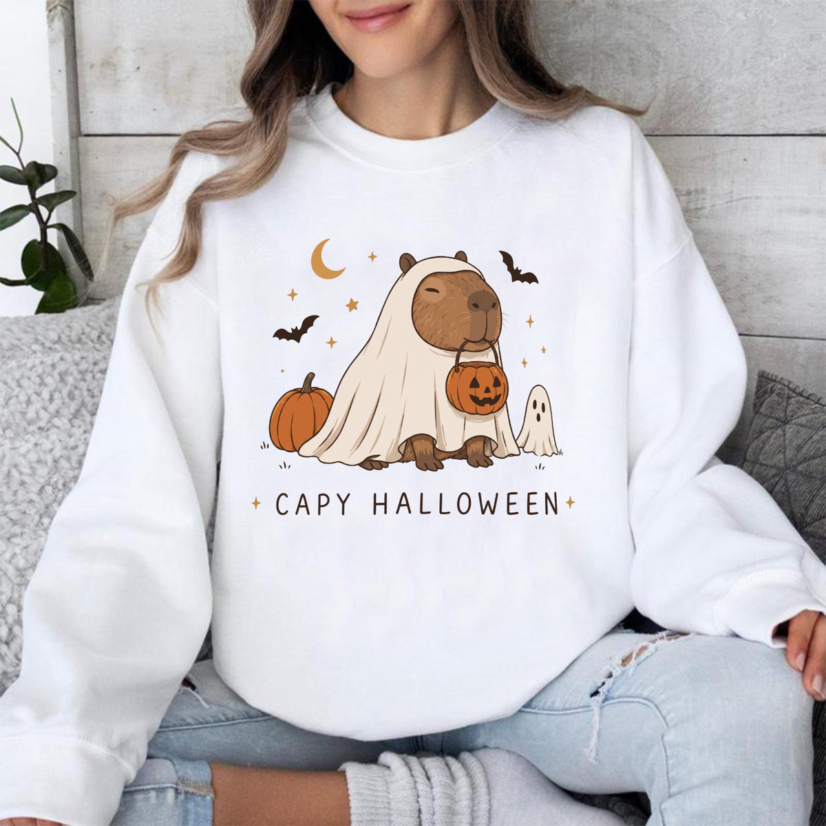 Cute Capybara Halloween ghost crewneck sweatshirt