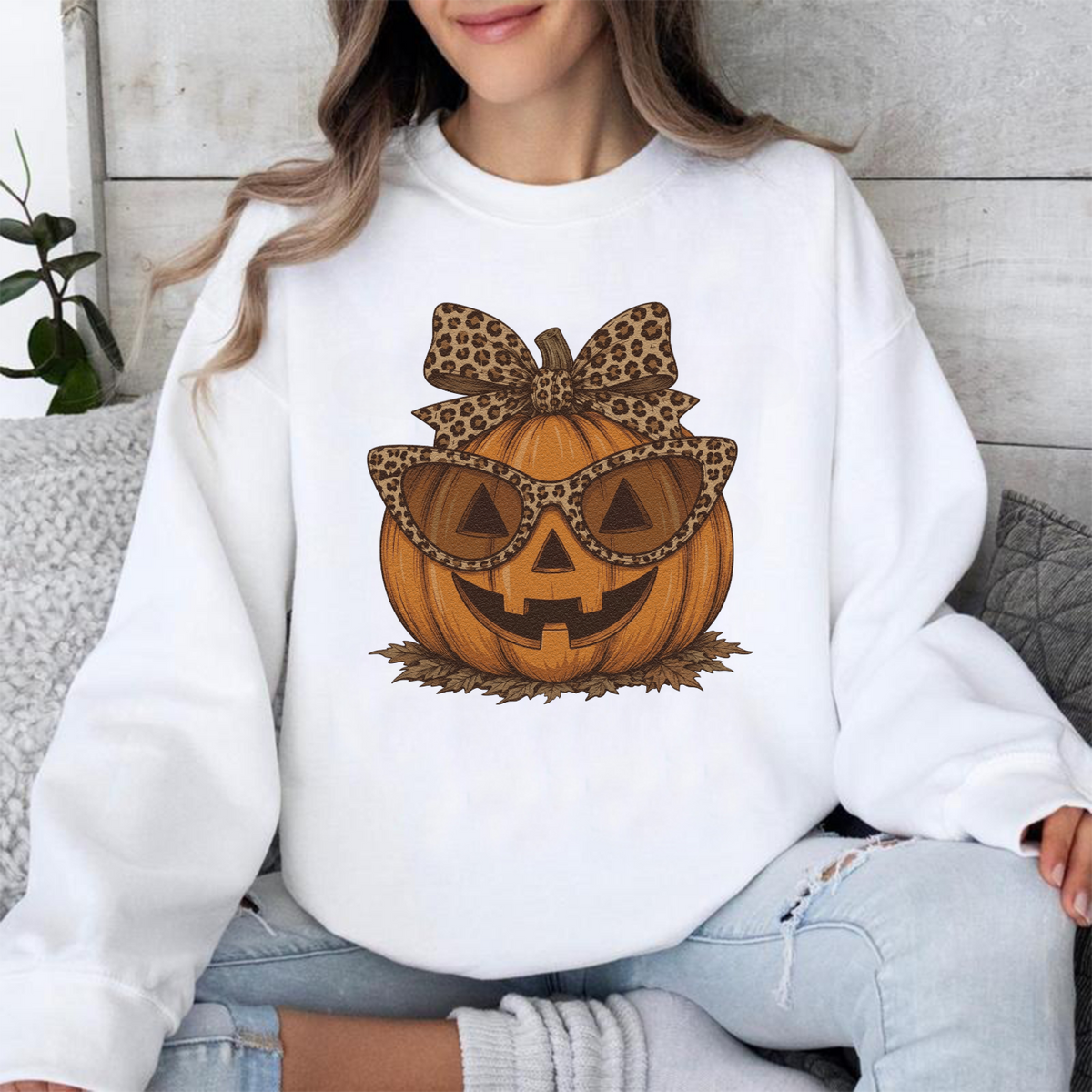 Leopard pumpkin jack o lantern fall crewneck sweatshirt