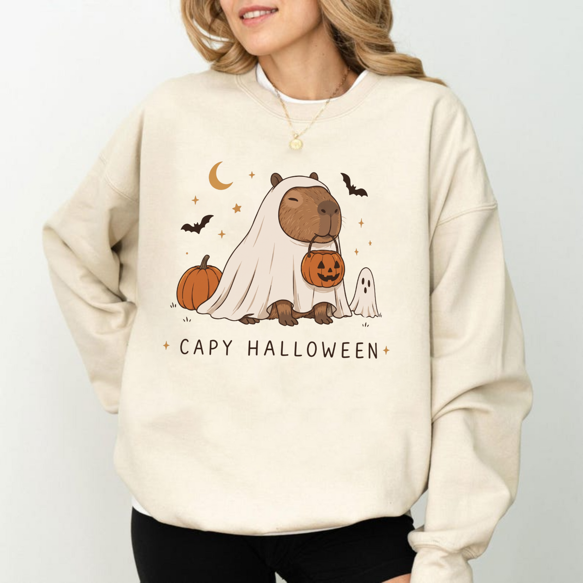 Cute Capybara Halloween ghost crewneck sweatshirt