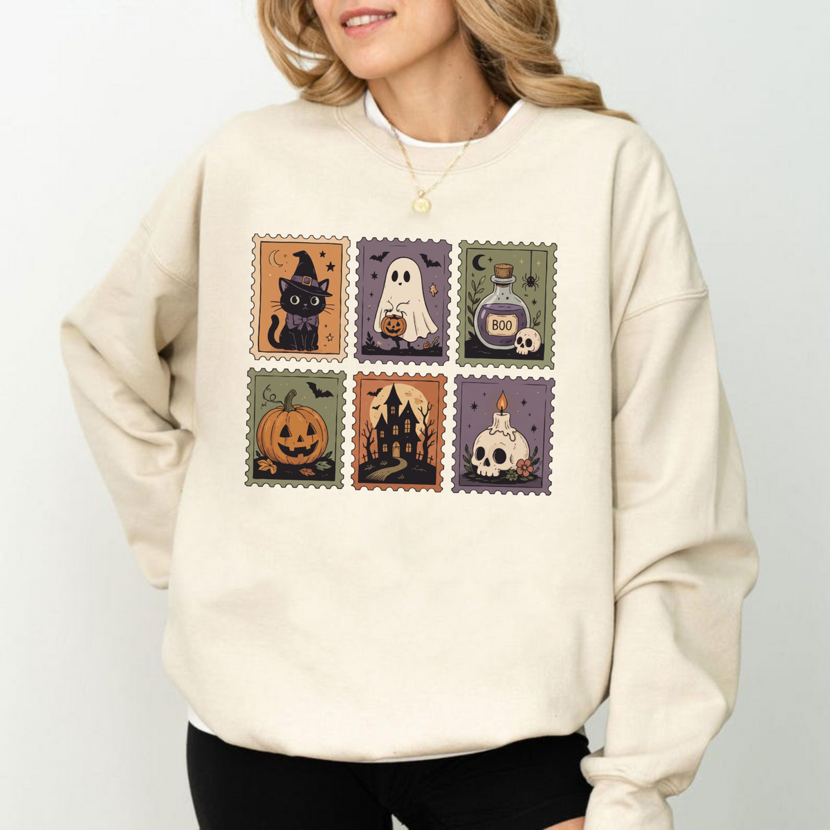 Cute Halloween Stamp Shirt – Ghost Pumpkin Witch Cat Graphic Tee