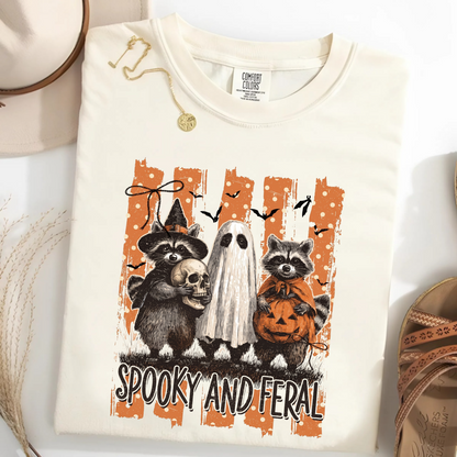 Spooky and Feral Halloween Shirt – Raccoon Ghost Pumpkin Graphic Tee