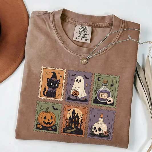 Cute Halloween Stamp shirt  with ghost pumpkin witch cat and haunted house graphic