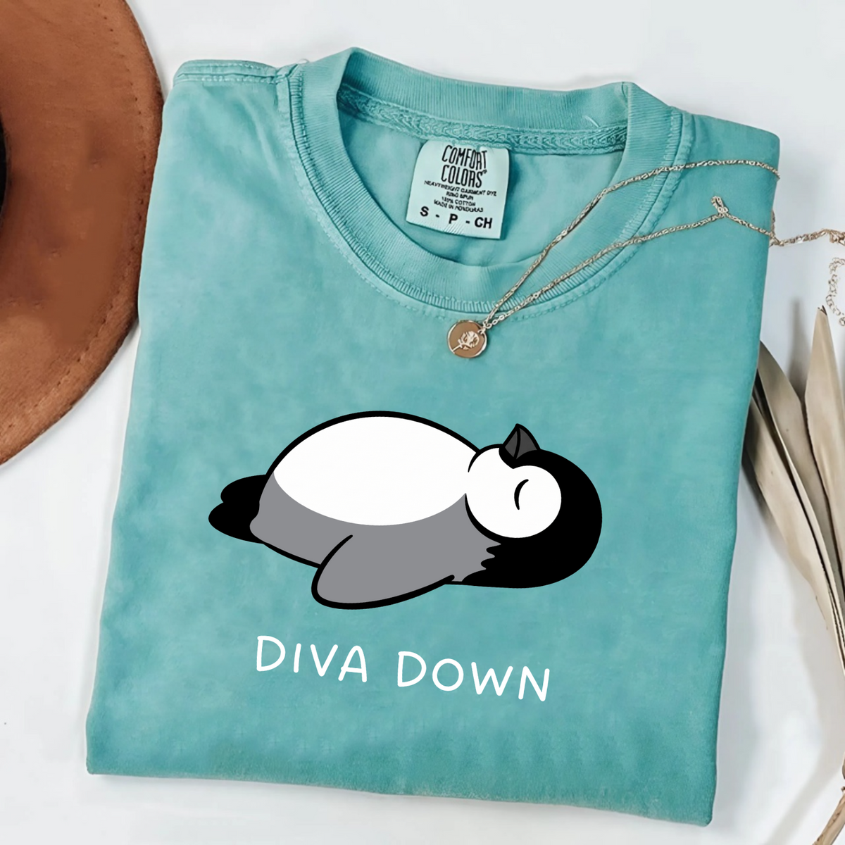 Diva Down Penguin shirt with cute sleeping penguin graphic