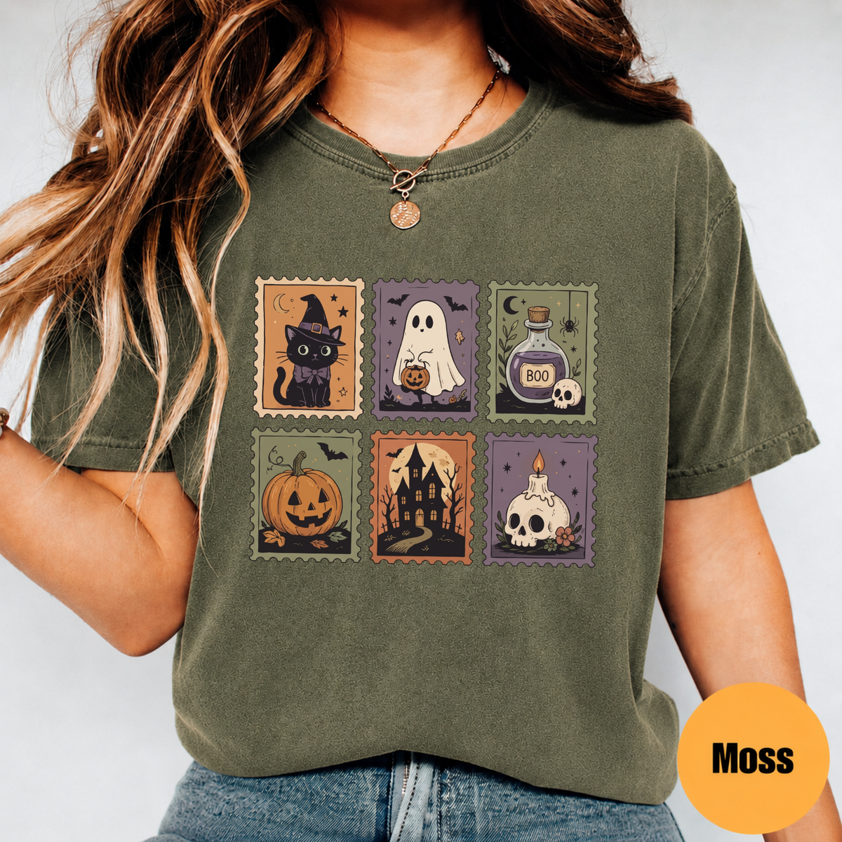 Cute Halloween Stamp shirt  with ghost pumpkin witch cat and haunted house graphic