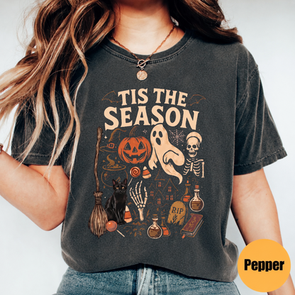 Tis The Season Halloween shirt in Comfort Colors Pepper with vintage spooky graphic