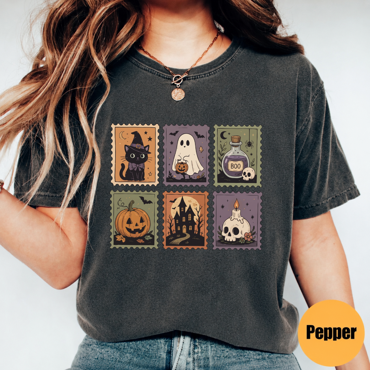Cute Halloween Stamp Shirt – Ghost Pumpkin Witch Cat Graphic Tee