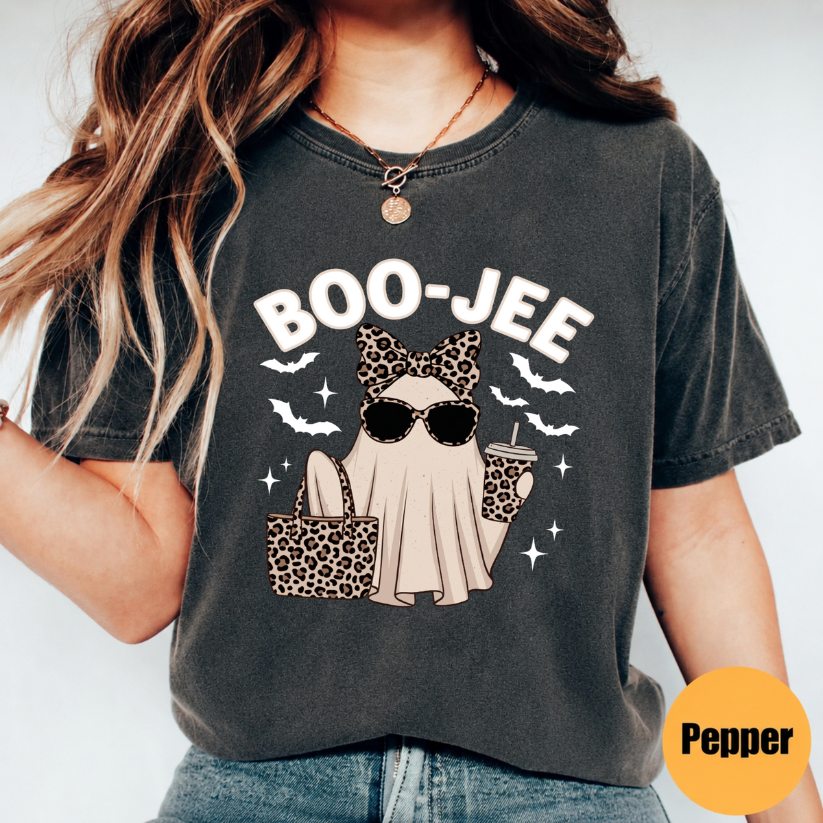 Boo Jee ghost Halloween shirt in Comfort Colors Pepper with leopard print design