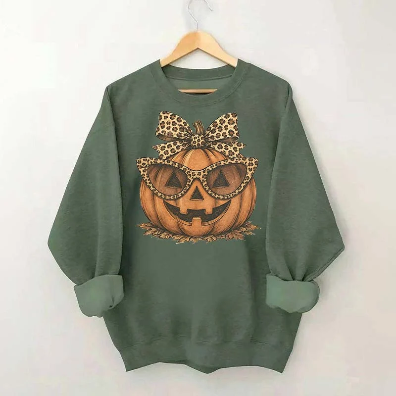 Leopard Pumpkin Halloween sweatshirt with jack o lantern bow and sunglasses