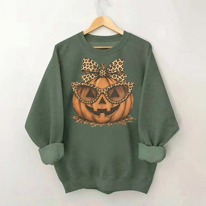 Leopard Pumpkin Halloween sweatshirt with jack o lantern bow and sunglasses