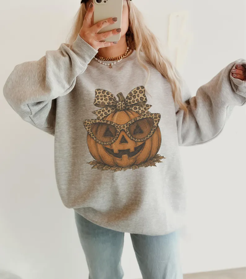 Leopard Pumpkin Halloween Sweatshirt – Jack O Lantern Fall Crewneck