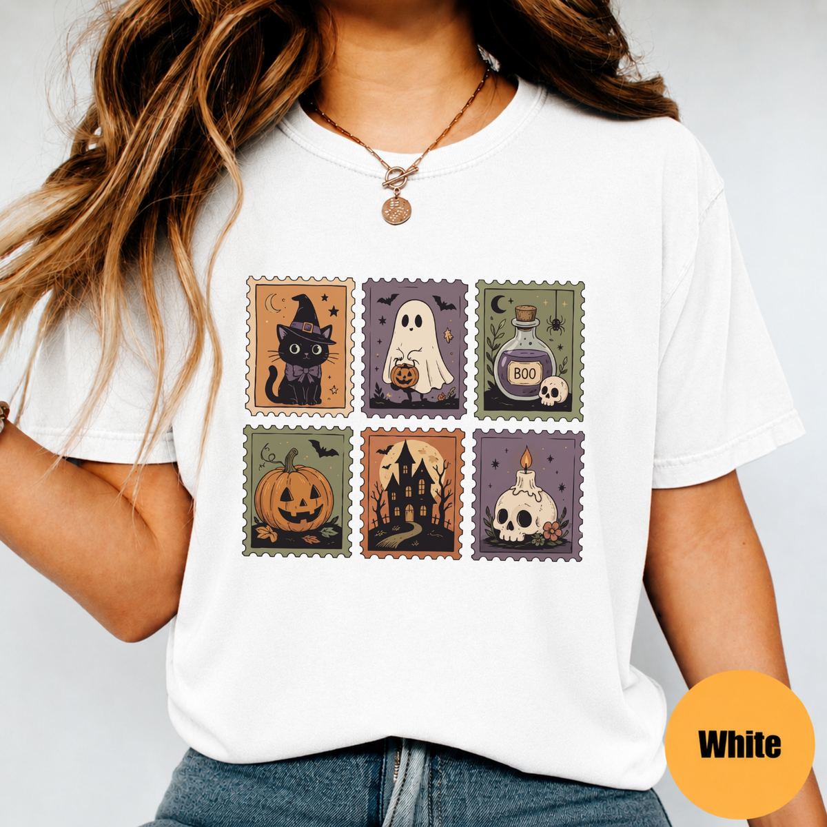 Cute Halloween Stamp Shirt – Ghost Pumpkin Witch Cat Graphic Tee