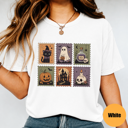 Cute Halloween Stamp Shirt – Ghost Pumpkin Witch Cat Graphic Tee