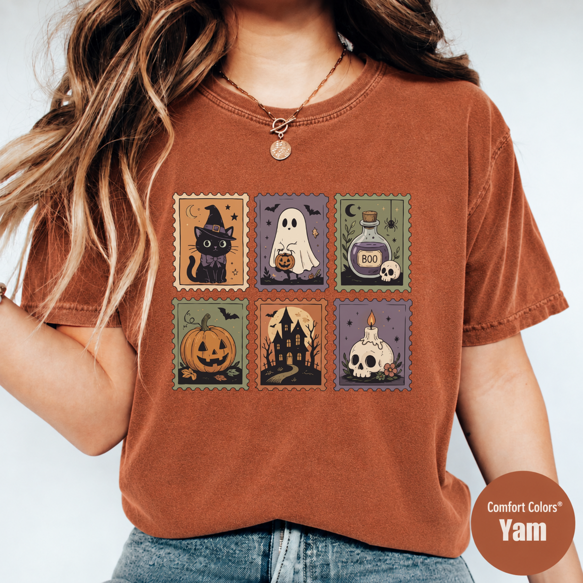 Cute Halloween Stamp Shirt – Ghost Pumpkin Witch Cat Graphic Tee