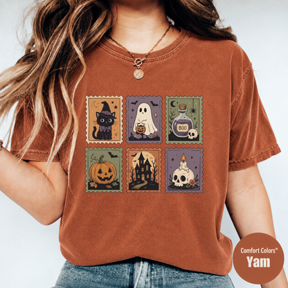 Cute Halloween Stamp Shirt – Ghost Pumpkin Witch Cat Graphic Tee